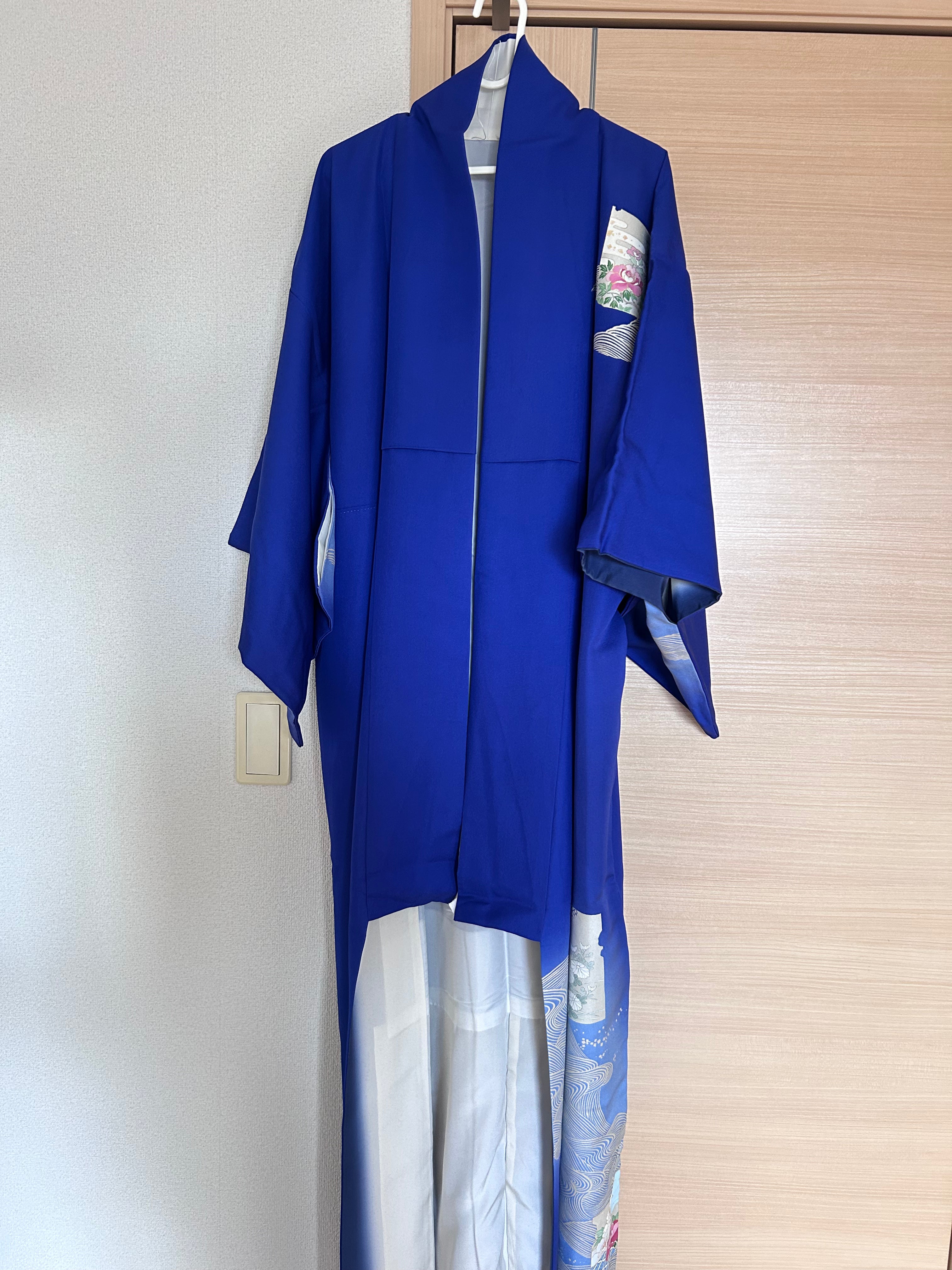 Vintage Japanese silk haori in royal blue with Gosho Guruma and peony motifs