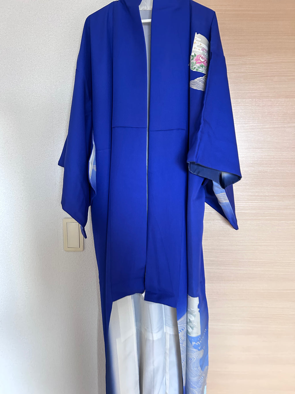 Front view of vintage Japanese silk haori in royal blue