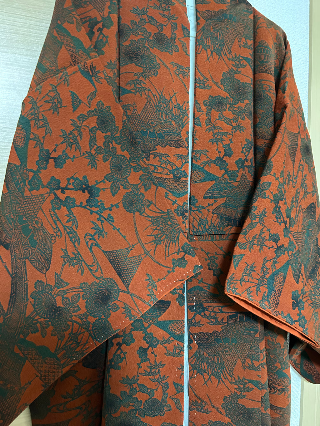 Vintage Japanese Kimono in Deep Red with Black Traditional Pattern