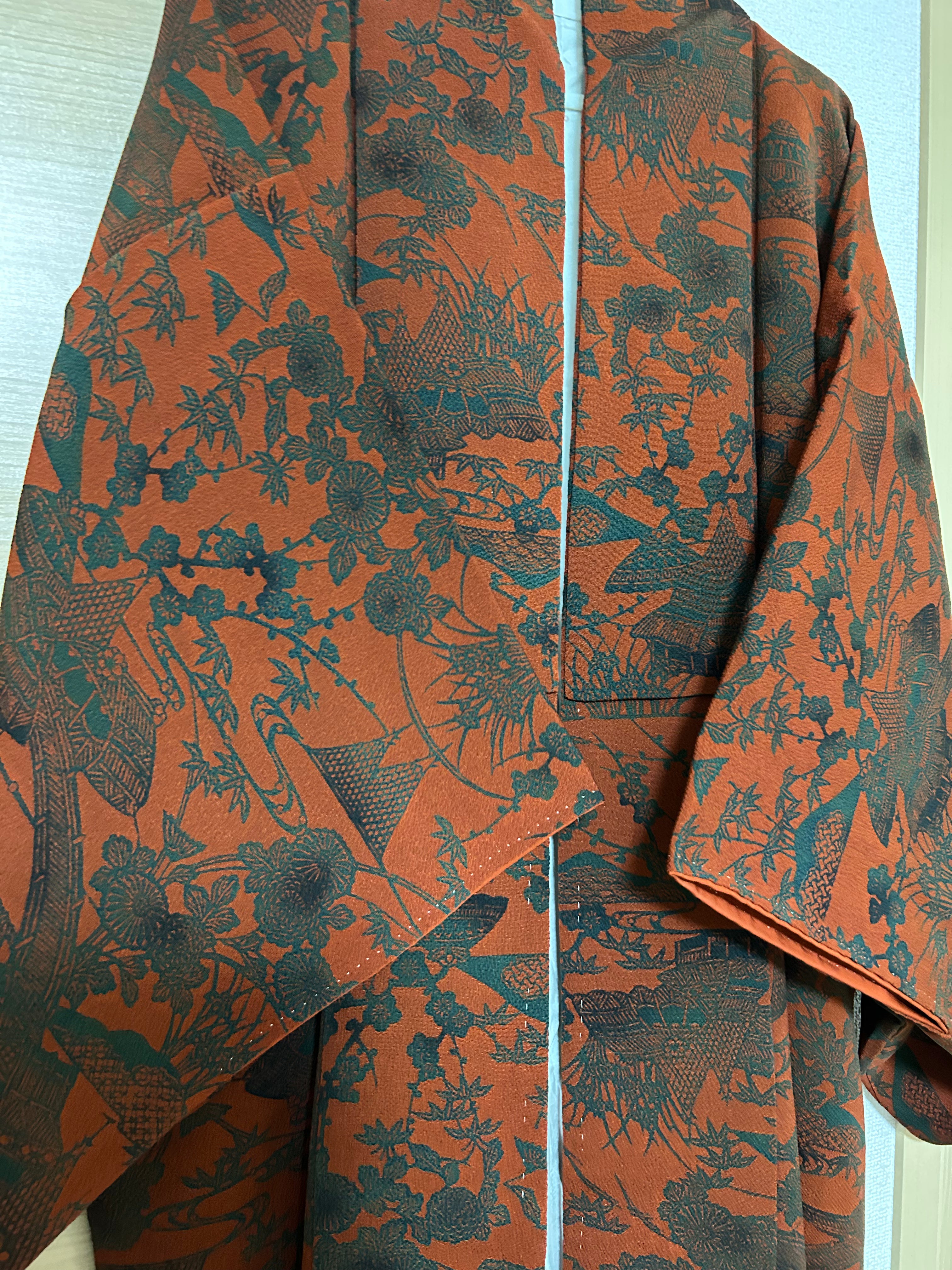 Vintage Japanese Kimono in Deep Red with Black Traditional Pattern