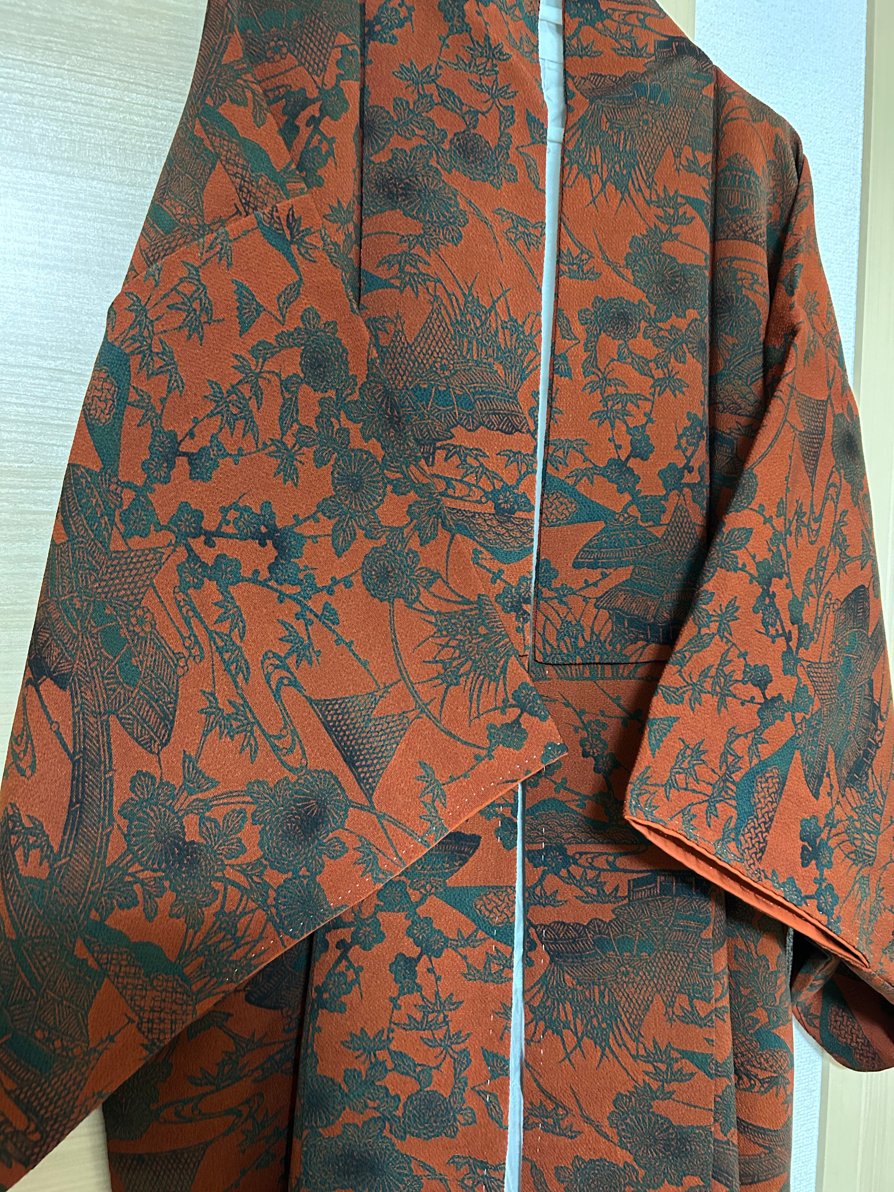 Vintage Japanese Kimono in Deep Red with Black Traditional Pattern