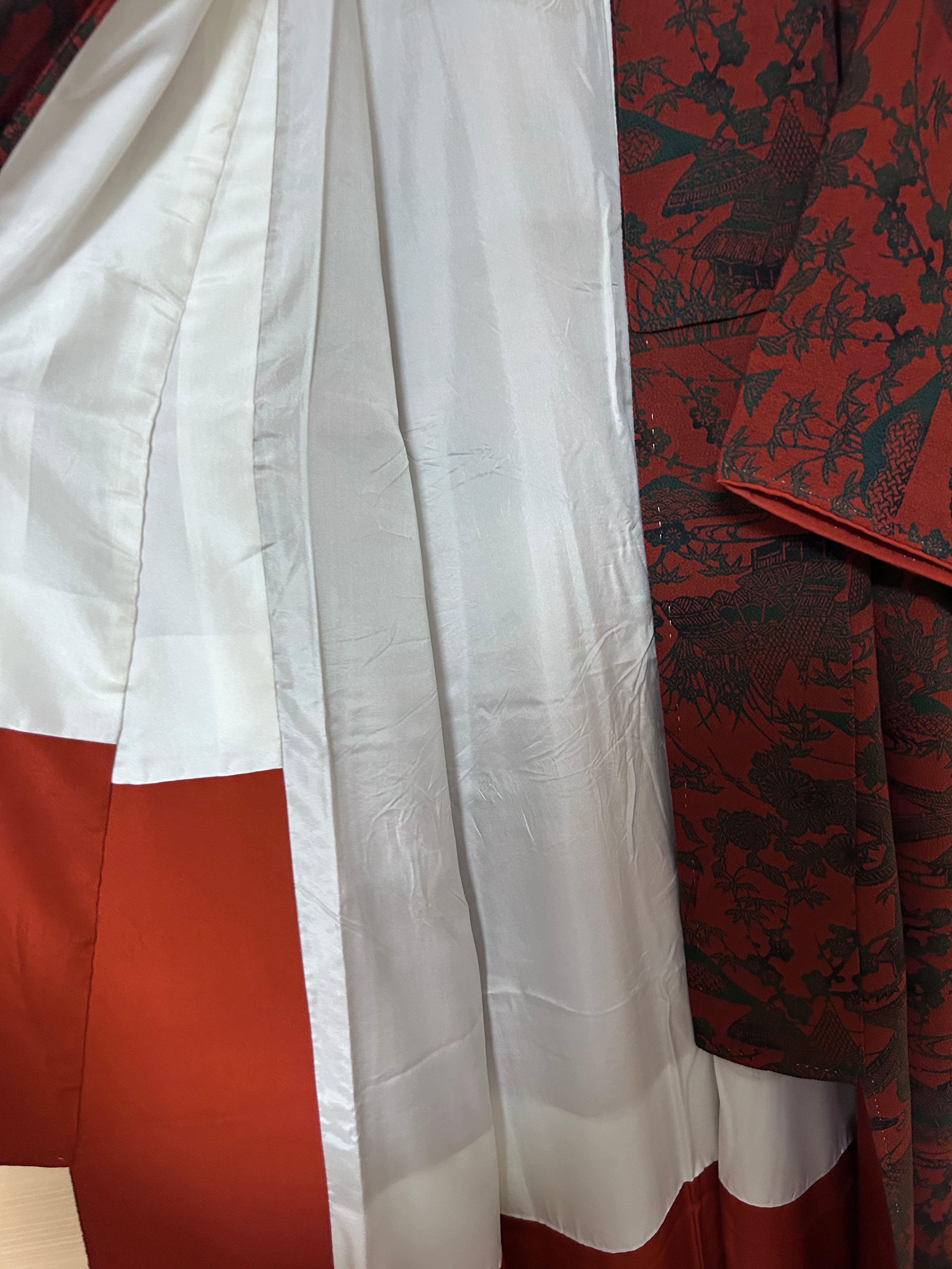 Vintage Japanese Kimono in Deep Red with Black Traditional Pattern