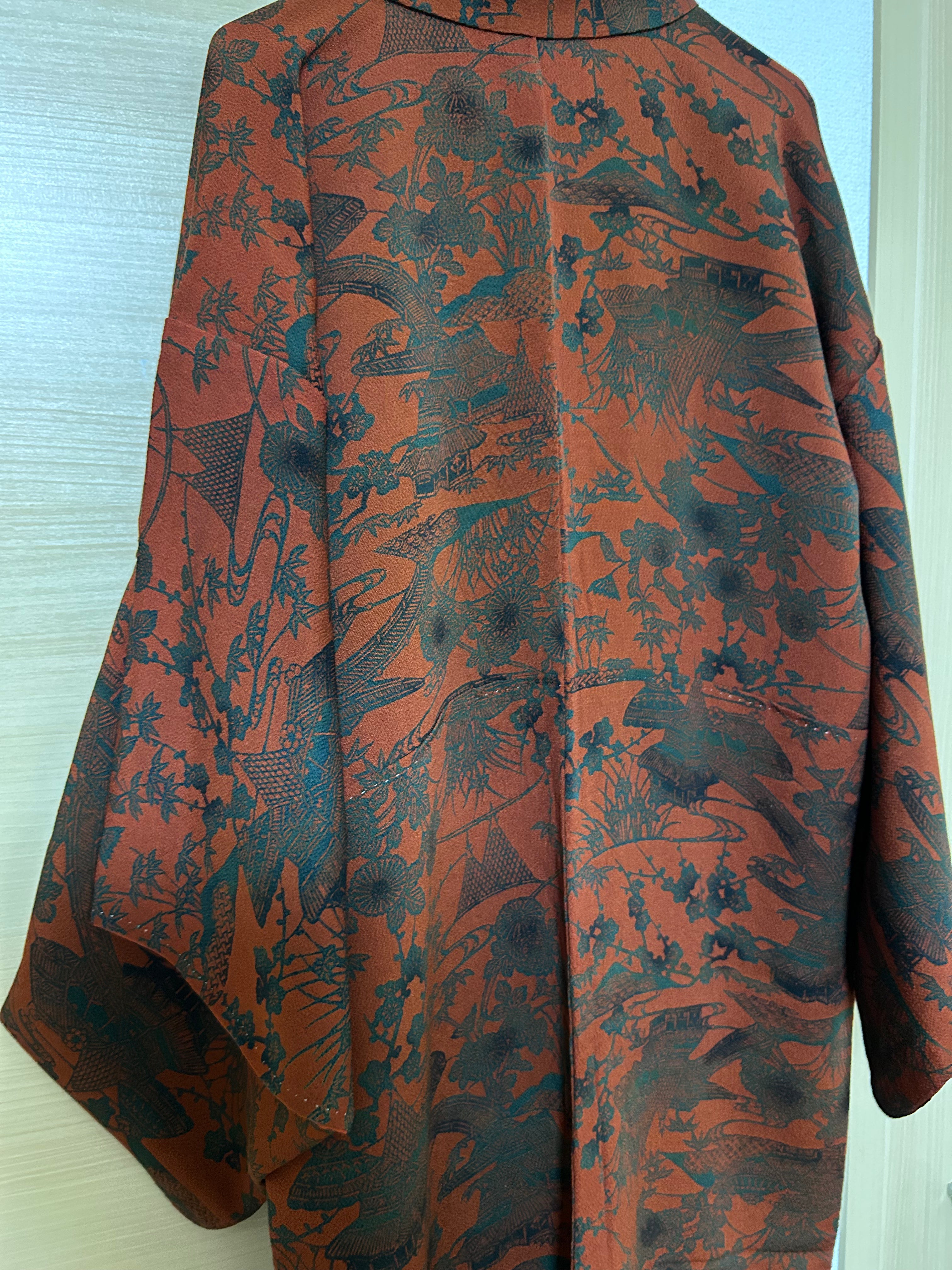 Vintage Japanese Kimono in Deep Red with Black Traditional Pattern