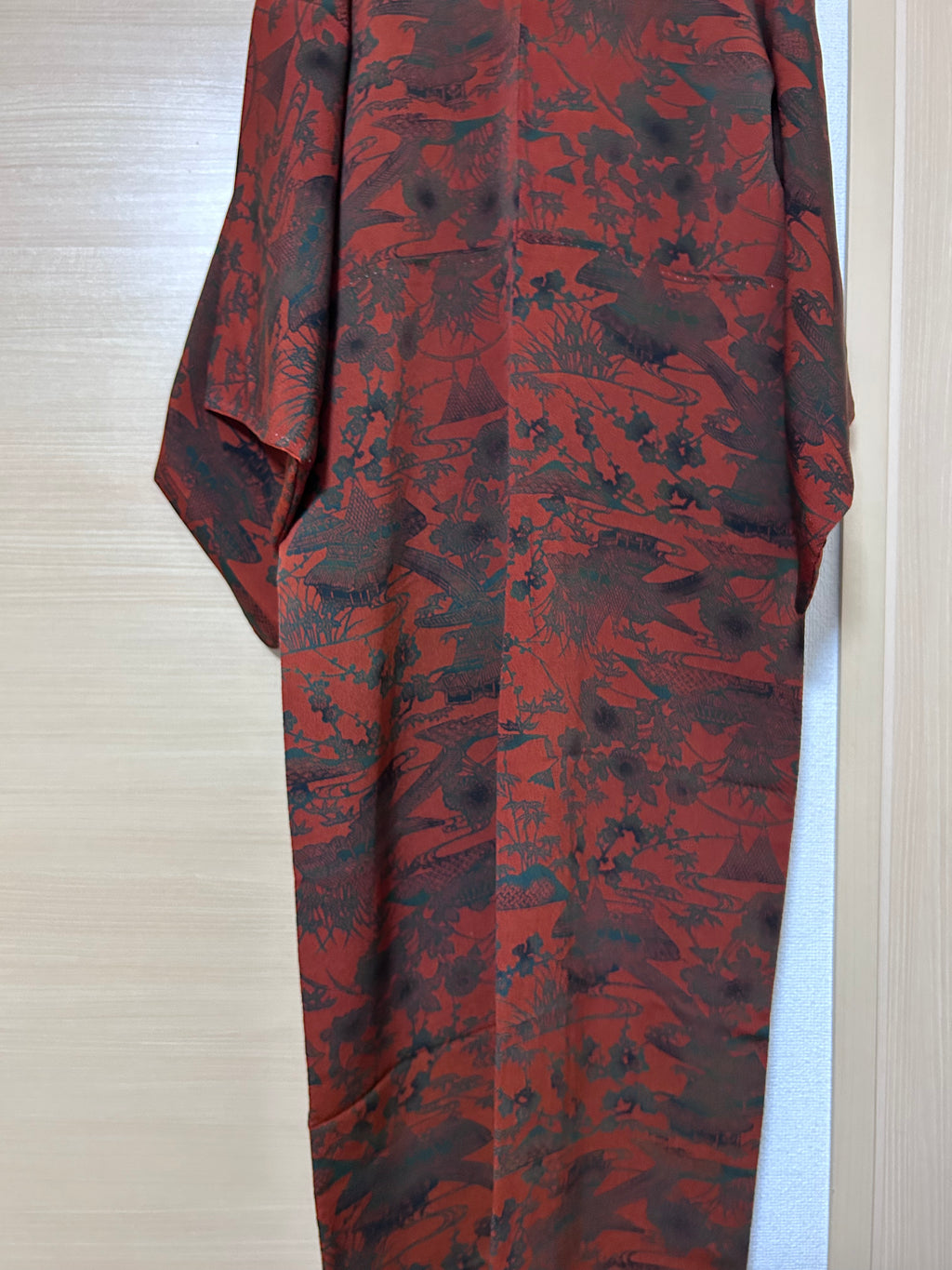 Vintage Japanese Kimono in Deep Red with Black Traditional Pattern