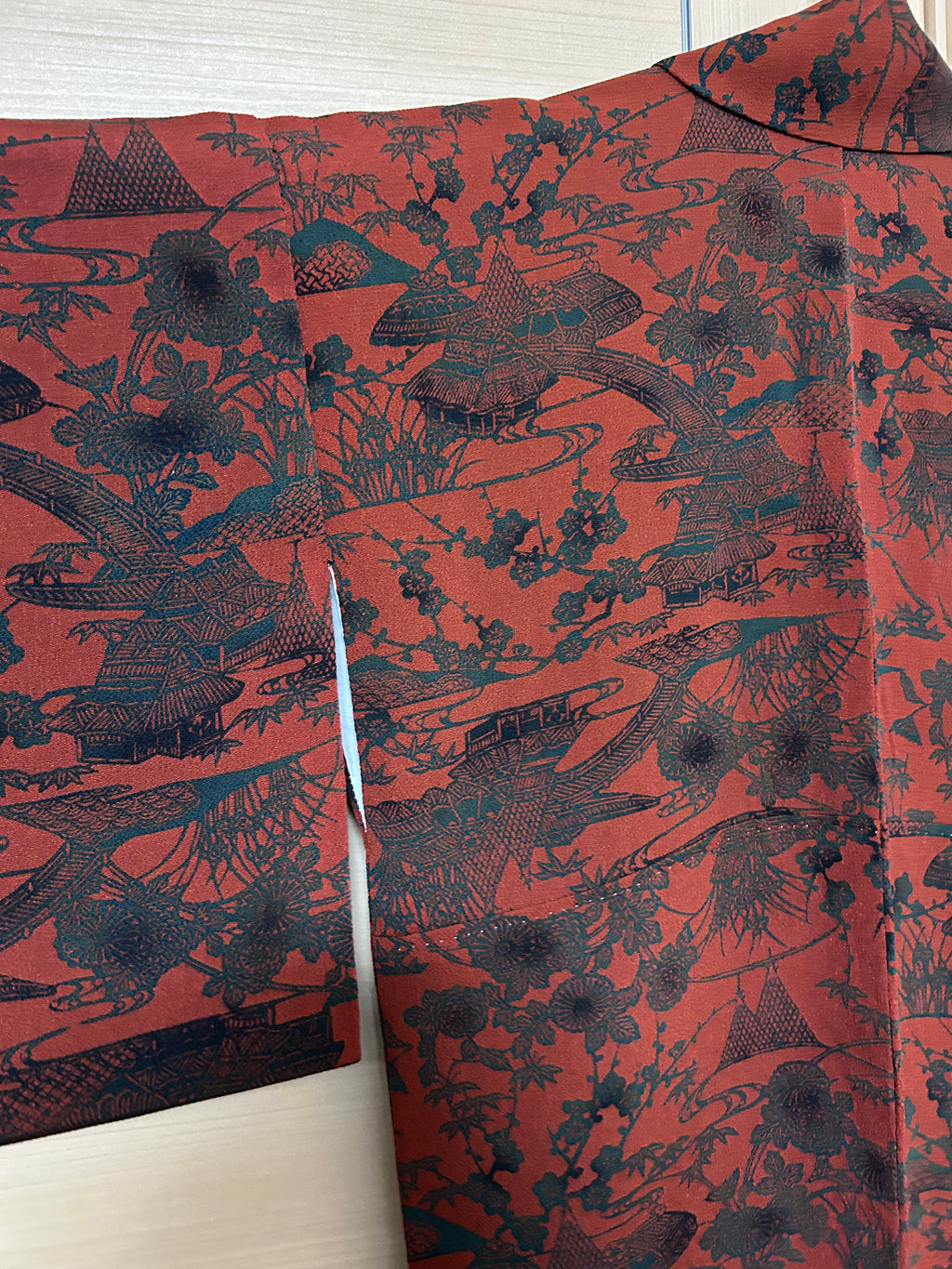 Vintage Japanese Kimono in Deep Red with Black Traditional Pattern