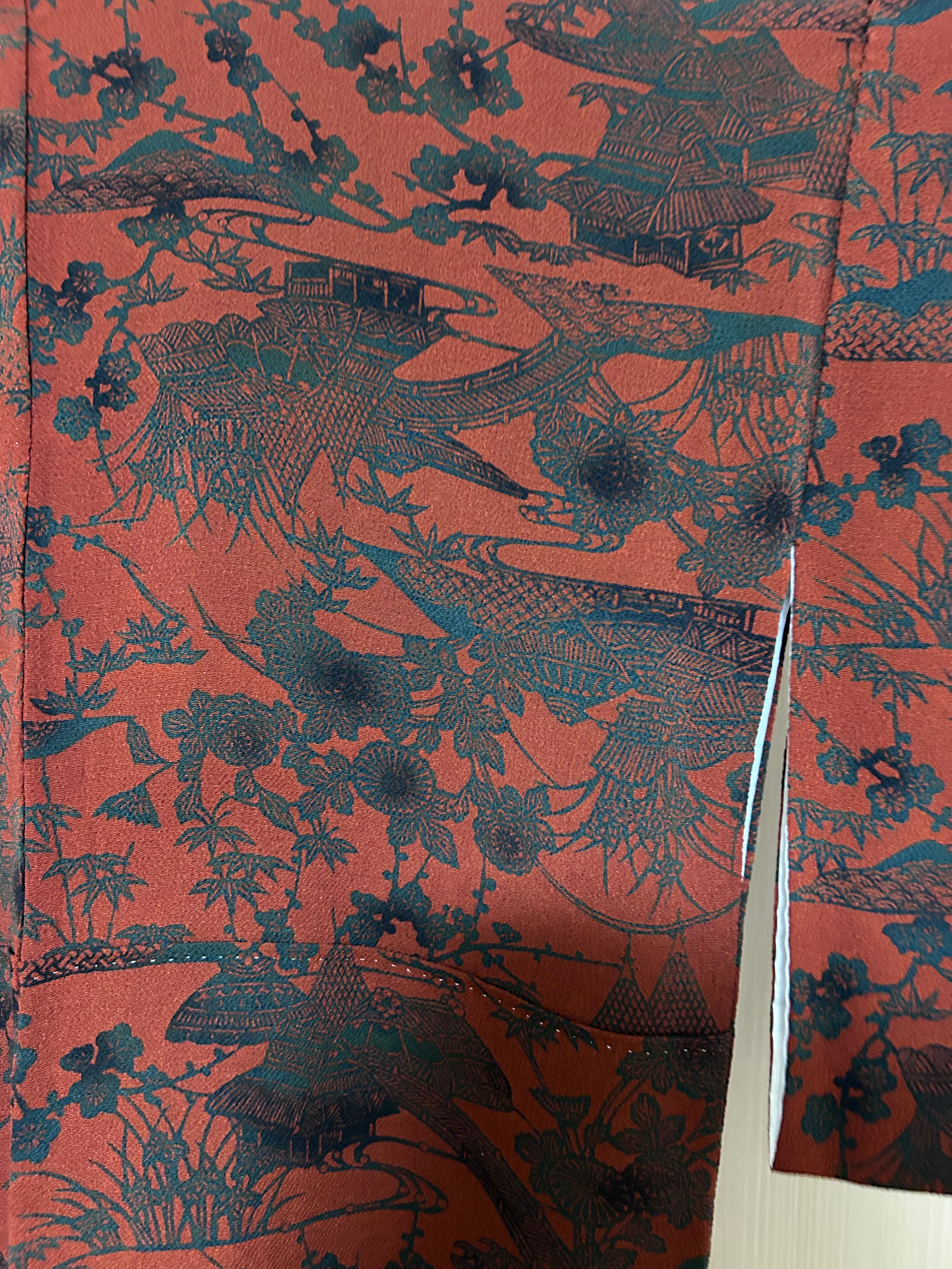 Vintage Japanese Kimono in Deep Red with Black Traditional Pattern